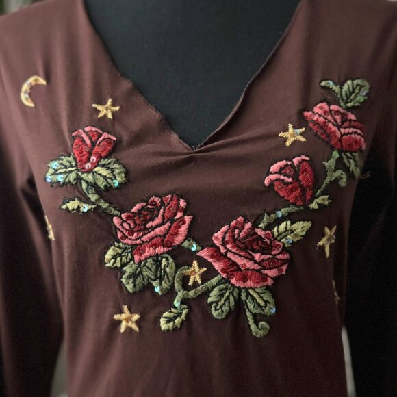 Womens Cruel Girl Brown Embroidered Sequin Embellished Shirt M Medium BEAUTIFUL - Picture 3 of 5